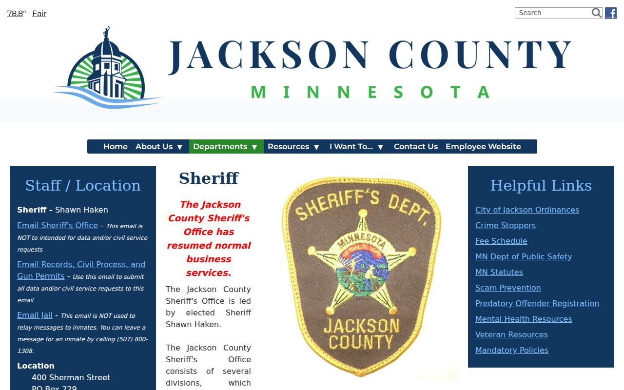 Jackson County arrest warrants page describing sheriff warrant service and jail operations