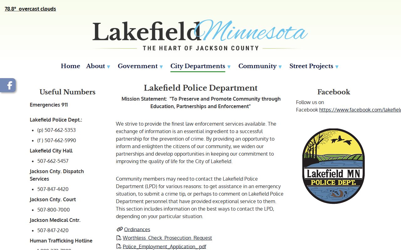 Lakefield police department contact page for Jackson County warrant records