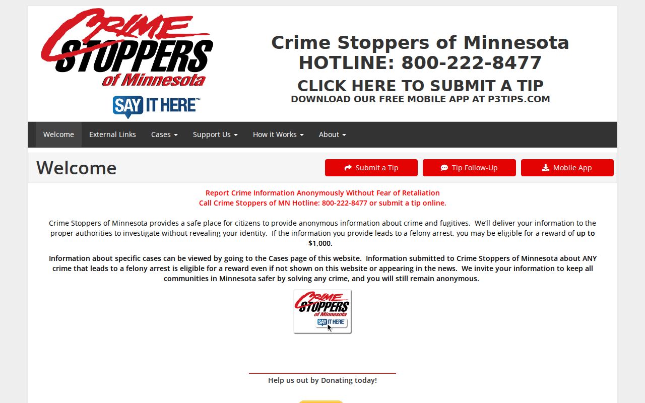 Jackson County most wanted page showing the statewide anonymous tip program site