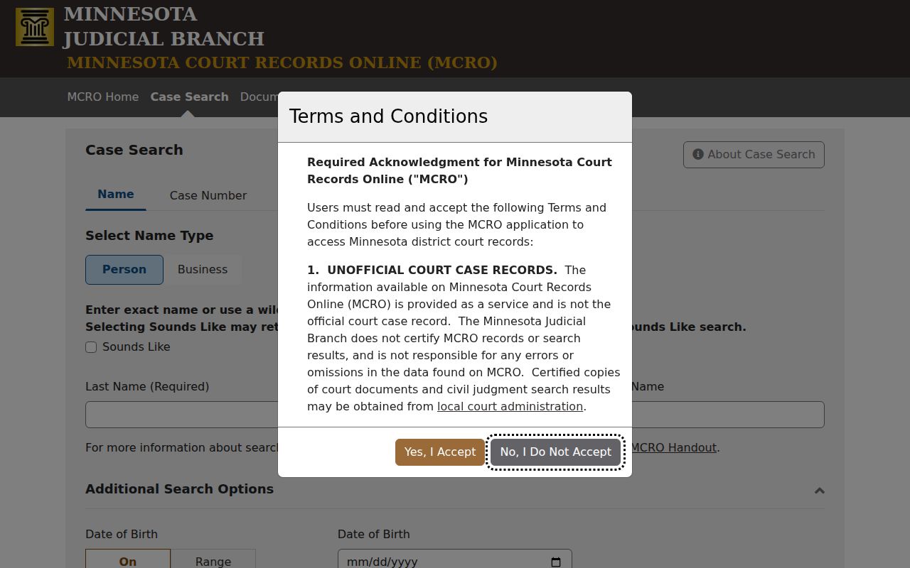 Jackson County warrant records MCRO Case Search screen with county and category filters